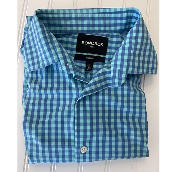 Bonobos Gingham Stretch Tailored Fit Button Down Shirt Preppy Size Mens 16 X 34 - Picture 1 of 6